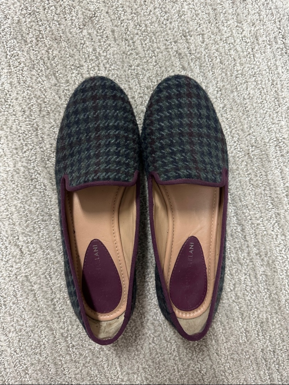 ANTONIO MELANI Green Plaid Wool Slip-On Flats with Plum Trim